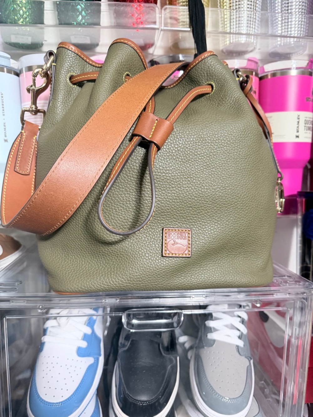 Dooney & Bourke Olive Green Pebbled Leather Drawstring Bucket Bag with Tan Strap